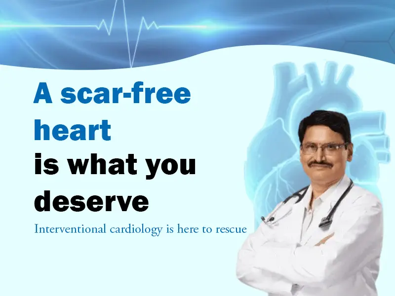 Cardiologist promoting scar-free heart treatment with medical heartbeat background.